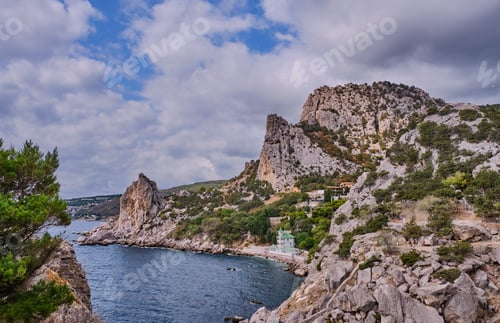 Preview: Coastal seascape landscape. Mount Cat, Koshka, the black sea coast near Yalta, town Simeiz, Crimea