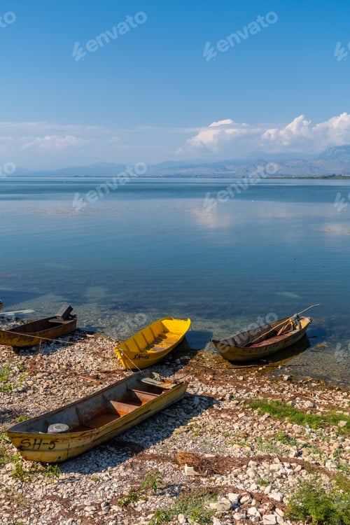 Preview: Colorful boats in the beautiful landscape in Shiroka on Lake Shkoder. Albania