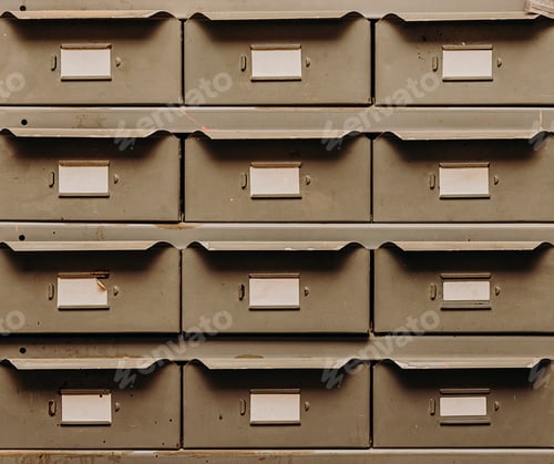 Preview: antique metal chest of drawers with white labels