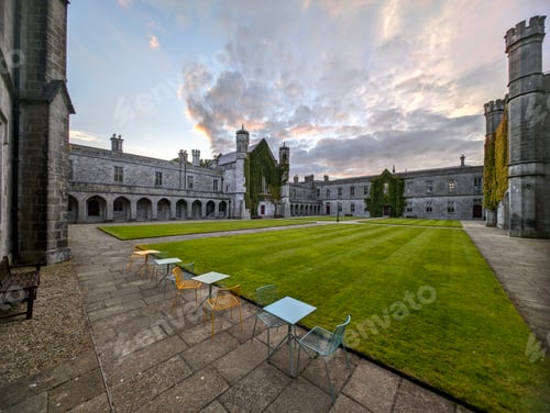 Preview: The University of Galway, quadrangle at sunset in Ireland, amazing architecture and landmark, mediev