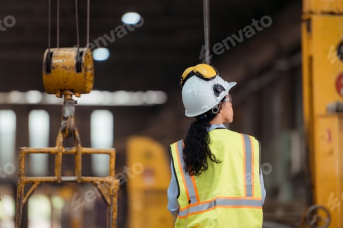 Preview: Portrait of railway technician worker in safety vest and helmet working at train repair station