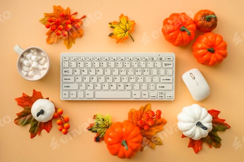 Preview: Autumn office workspace. Autumn flat lay background.