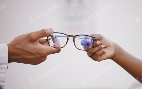 Preview: Glasses, optometry and hands of an optometrist and person for decision, buying and help with vision