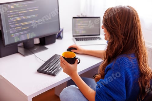 Preview: Female programmer drinking coffee while working in home office