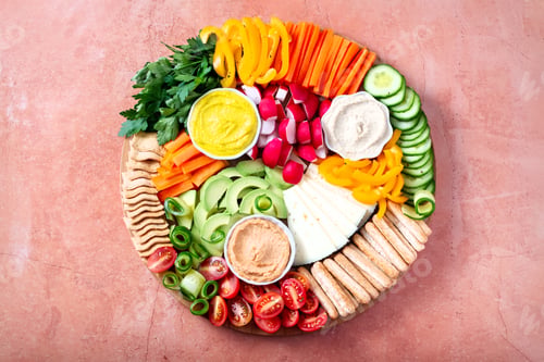 Preview: Colorful vegan Charcuterie board with raw vegetables and whole wheat snacks