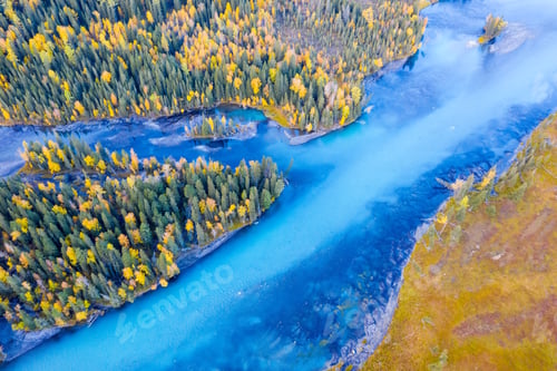 Preview: aerial view of beautiful kanas river landscape in autumn
