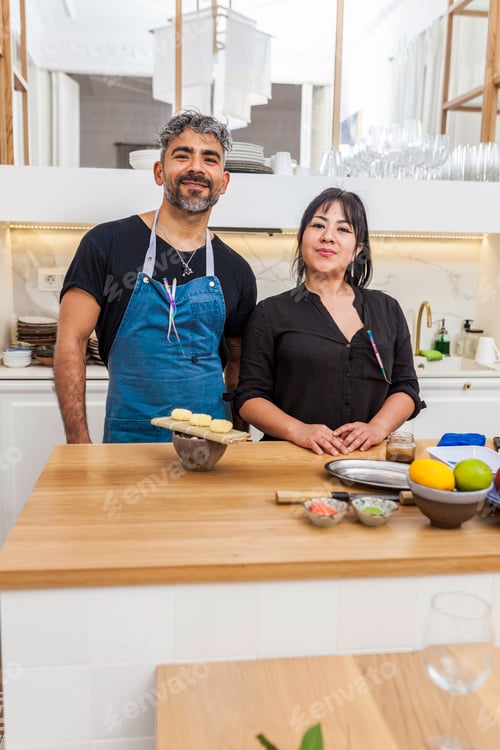 Preview: Portrait of two latin chefs smiling
