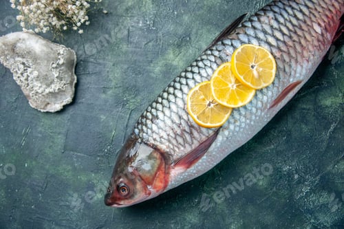 Preview: top view fresh raw fish with lemon slices on dark blue background shark seafood meal ocean