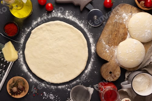 Preview: Pizza or dough for bread with ingredients at table. Pizza recipe homemade at tabletop background