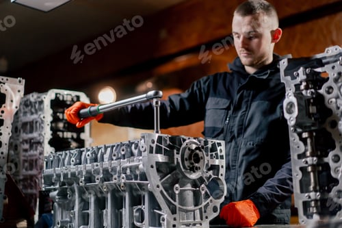 Preview: service station in hands of a master a device for tightening bolts works with bolts on the engine