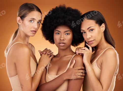 Preview: Diversity, women and cosmetics with natural beauty, proud and confident with brown studio backgroun