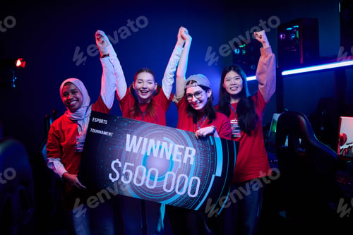 Preview: Diverse Teen Girls Gamers Team Celebrating Winning Esports Tournament Together