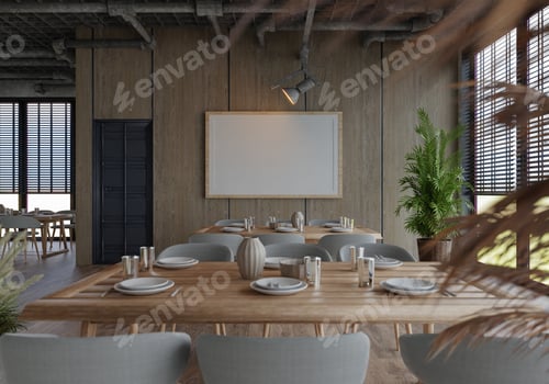 Preview: 3D illustration Mockup photo frame in restaurant, rendering