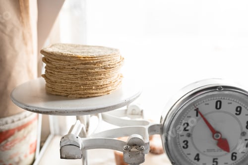 Preview: One kilo of corn tortillas are on the weighing analog scale. Close up