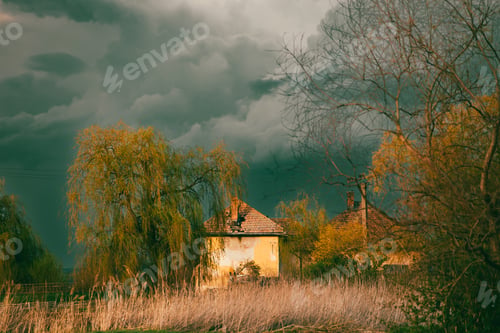 Preview: Old creepy haunted house on a stormy day