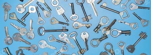 Preview: Keys set on blue background. Door lock keys and safes for property security and house protection