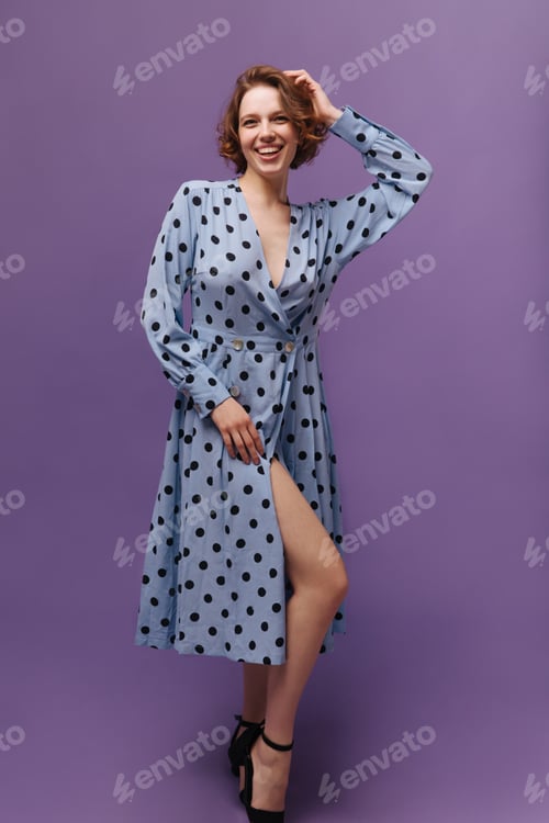 Preview: Full-length photo of young lady in maxi dress at studio. Elegant girl with short haircut, wearing t