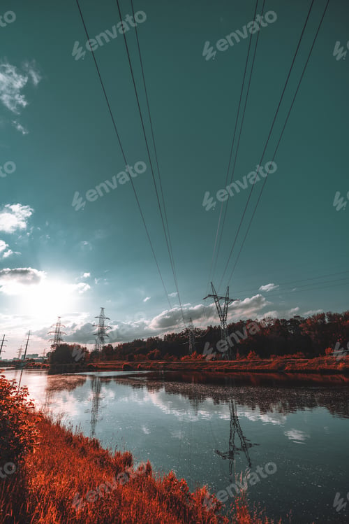 Preview: Wide-angle landscape with river and power line, vivid colors