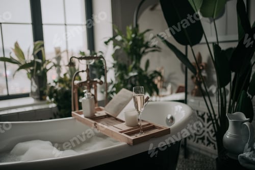 Preview: Luxurious interior bathroom in modern eco style with oval bathtub and glass of alcohol champagne