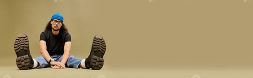 Preview: Bearded young man seated casually with relaxed style in a minimalist environment