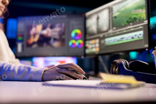 Preview: Freelancer using editing tools on computer to cut movie project