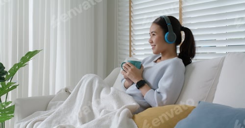 Preview: Asia teen girl people enjoy coffee in break time self relax happy joy with good song