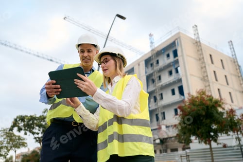 Preview: Engineers collaborating on construction site using tablet