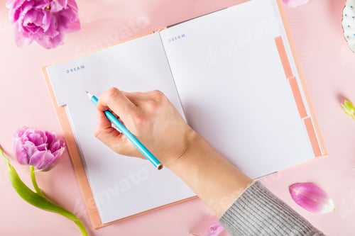 Preview: Open Notebook for writing Dreams and Ideas with flowers nearby