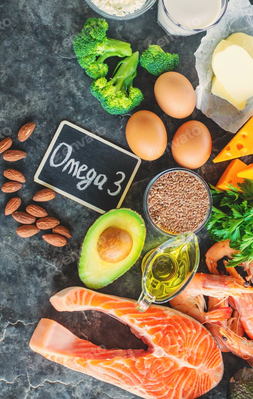 Preview: Products contain Omega 3. Selective focus.