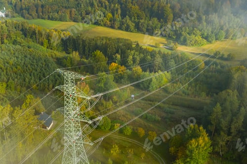 Preview: Aerial view of the high voltage power lines and high voltage electric transmission on the terrain