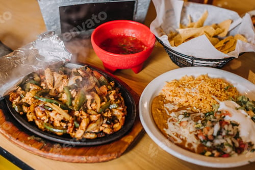 Vorschau: Dampfend heißes mexikanisches Hühnchen-Fajitas-Abendessen mit Pommes, Salsa, Reis und Bohnen