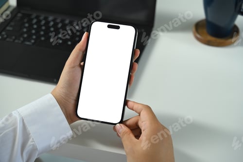 Preview: Hand holding smartphone with blank screen, for app presentation
