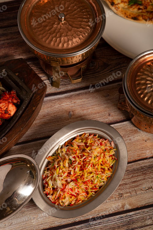 Preview: Indian curry meal with basmati rice dish. Vertical picture