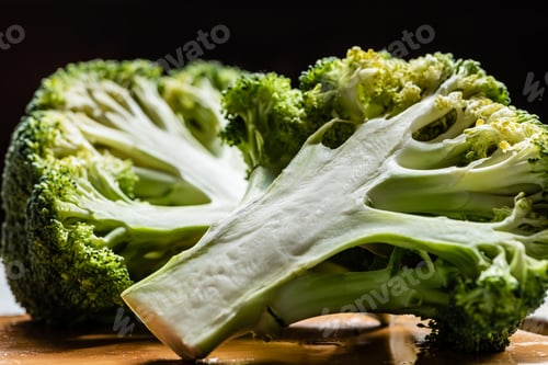 Preview: close up view of fresh green cut broccoli on wooden cutting board isolated on black