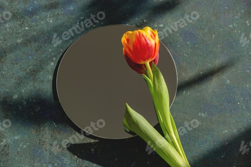 Preview: Top view of red tulip on blue background with shadows and mirror. Spring seasonal flowers.