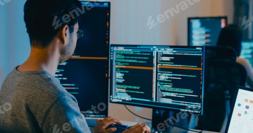 Preview: Asia male, female typing write prompt AI bot, terminal with coding language, on computer.