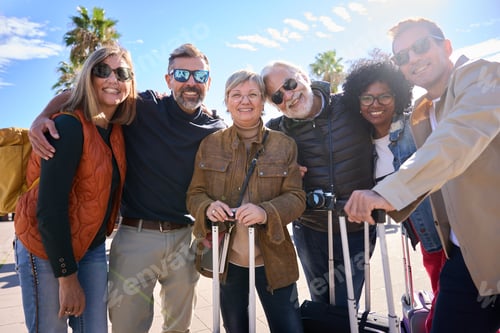 Preview: Portrait group of mature tourist people posing hugging happy and looking at camera celebrating