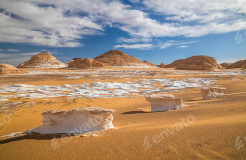 Preview: Chalk rocks in the White Desert at sunset. Egypt, Baharia