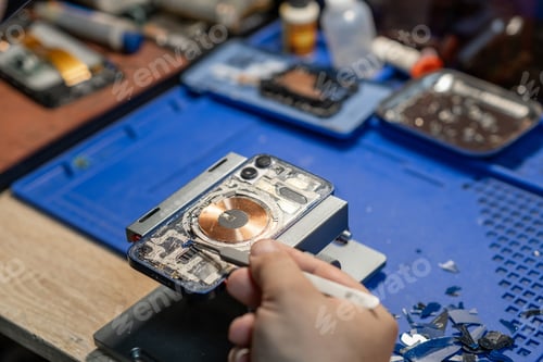 Preview: A technician carefully replaces the battery of a phone while working on a repair at a busy workshop