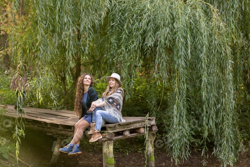 Preview: two young girls are sitting on a wooden bridge near the lake under the willows