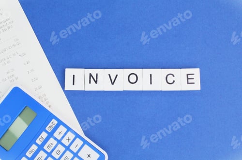 Preview: calculator and receipt with the word invoice.