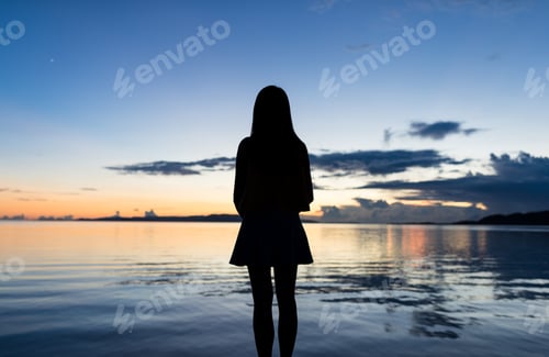 Preview: Silhouette of woman standing with the background of sea and sunset