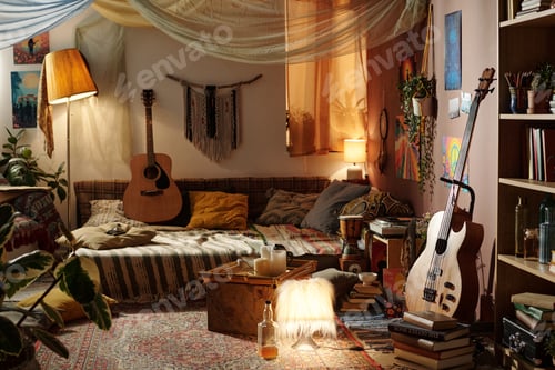 Preview: Cozy Bohemian Living Room Setting with Musical Instruments
