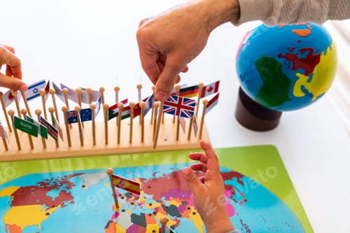 Preview: Geography exercise for children, place flags of countries on a map, flag of Spain.