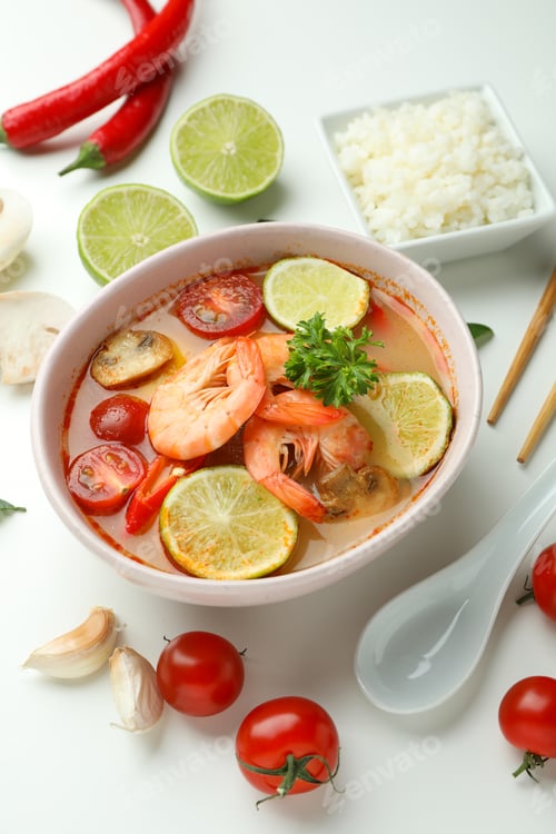 Preview: Tom yum soup and ingredients on white background