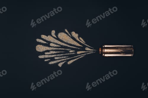 Preview: top view of aerosol paint in can and splashes isolated on black