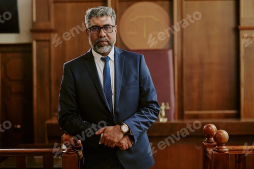 Preview: Portrait of Middle Aged Attorney Standing Confidently in Courtroom