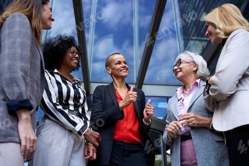 Preview: Low angle. Group diverse smiling business women gathered talking happy making gestures affirmation.