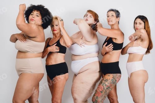 Preview: group of multiracial women in underwear posing doing breast cancer prevention touch
