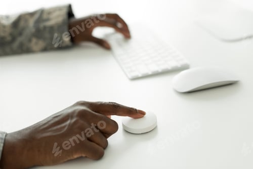 Preview: Female soldier login with fingerprint ID military technology